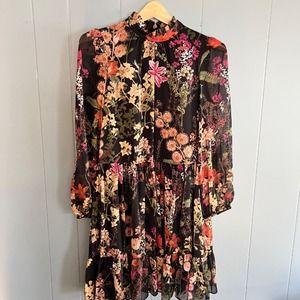 Melonie Floral Print Tiered Mini Dress High Neck Boho Fairy Goth Black Boho Sz 2